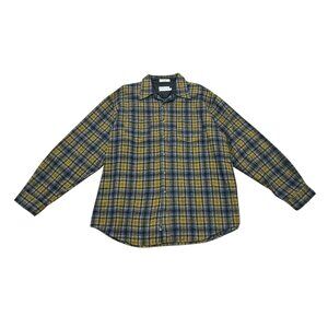 Men’s Pendleton Wool Flannel Plaid Outdoor Shirt Yellow Navy XXL Elbow Patch
